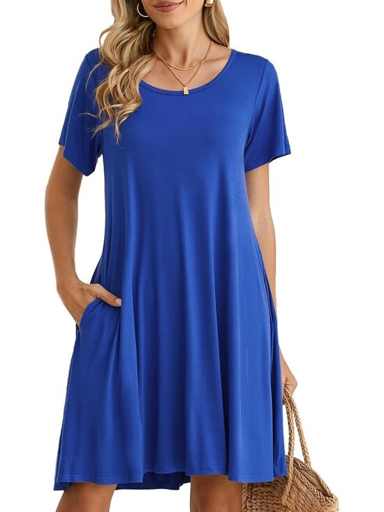 Dresses & Skirts - Women's Navy Blue Casual Loose Swing Tunic Short Sleeve Sun Mini Shirt Dress